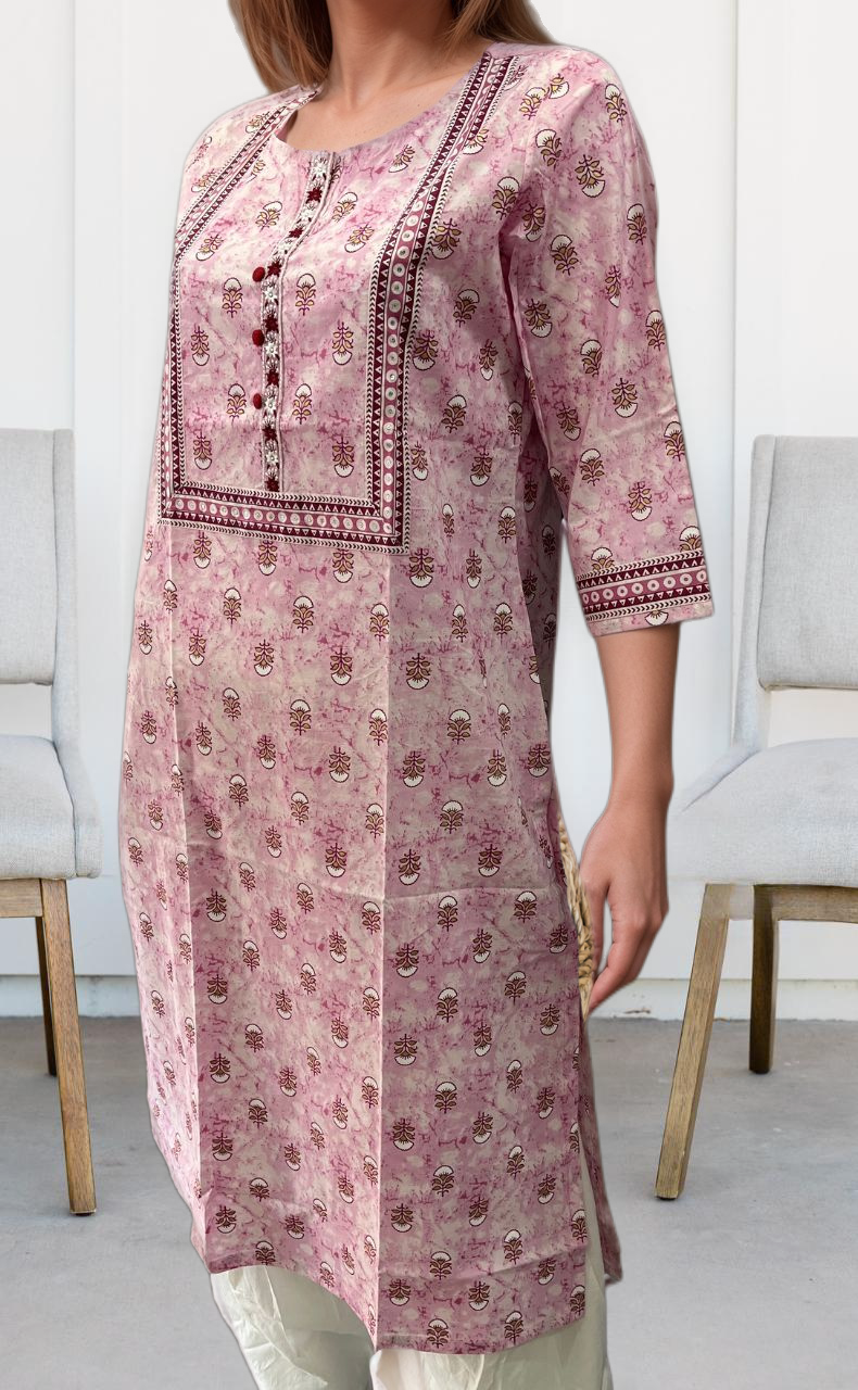 Lavender Pink Floral Garden Jaipuri Cotton Kurti. Pure Versatile Cotton. | Laces and Frills - Laces and Frills