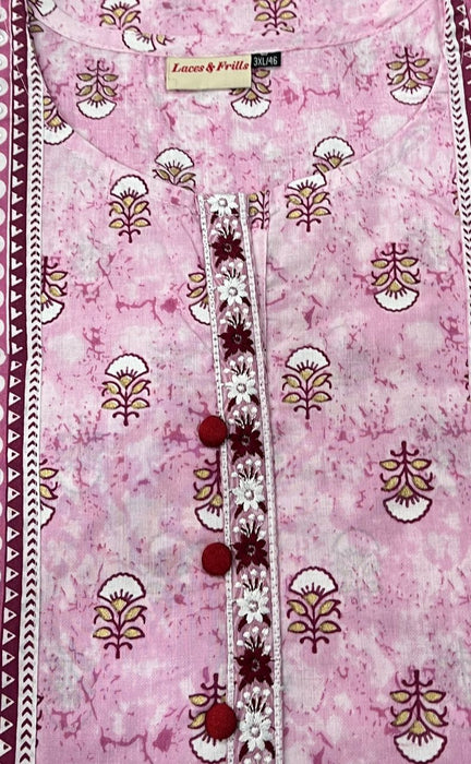 Lavender Pink Floral Garden Jaipuri Cotton Kurti. Pure Versatile Cotton. | Laces and Frills - Laces and Frills