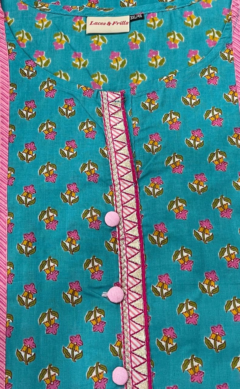 Sky Blue Floral Jaipuri Cotton Kurti. Pure Versatile Cotton. | Laces and Frills - Laces and Frills