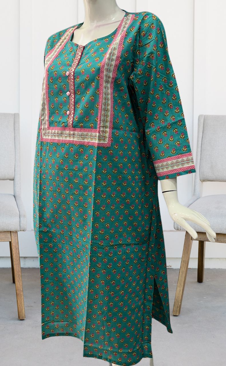 Sky Blue Floral Jaipuri Cotton Kurti. Pure Versatile Cotton. | Laces and Frills - Laces and Frills