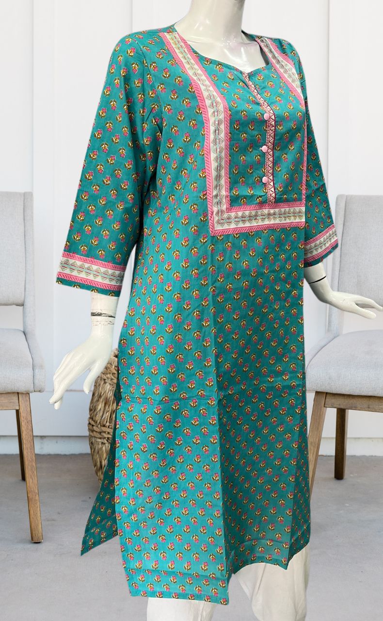 Sky Blue Floral Jaipuri Cotton Kurti. Pure Versatile Cotton. | Laces and Frills - Laces and Frills