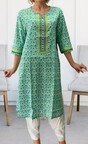 Sea Green Floral Jaipuri Cotton Kurti. Pure Versatile Cotton. | Laces and Frills - Laces and Frills