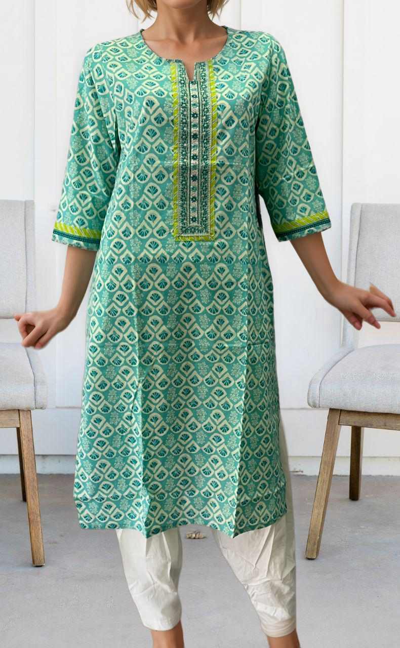 Sea Green Floral Jaipuri Cotton Kurti. Pure Versatile Cotton. | Laces and Frills - Laces and Frills