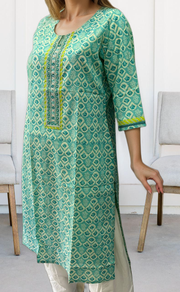 Sea Green Floral Jaipuri Cotton Kurti. Pure Versatile Cotton. | Laces and Frills - Laces and Frills