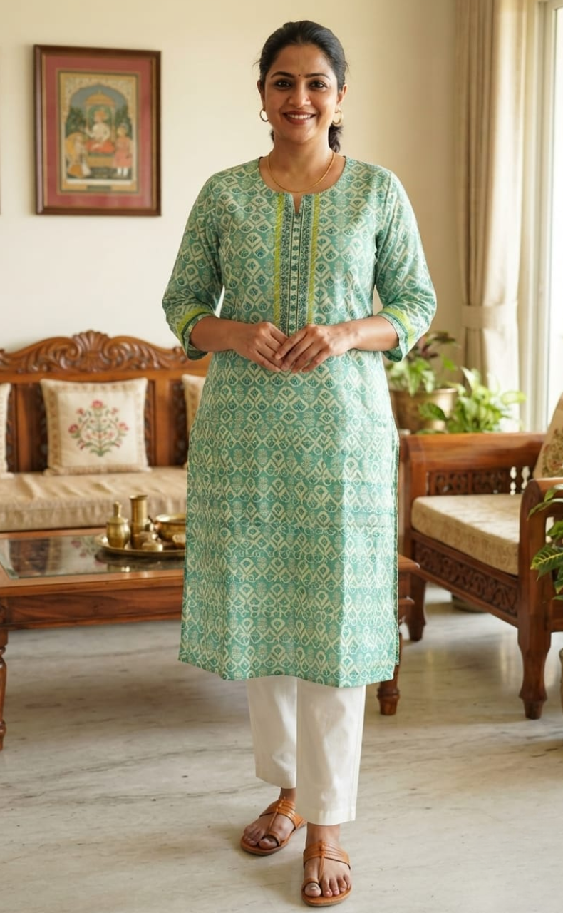 Sea Green Floral Jaipuri Cotton Kurti. Pure Versatile Cotton. | Laces and Frills