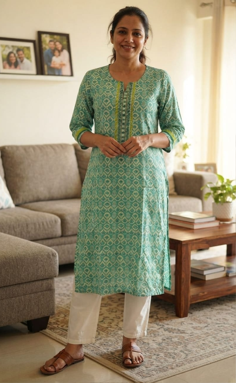 Sea Green Floral Jaipuri Cotton Kurti. Pure Versatile Cotton. | Laces and Frills