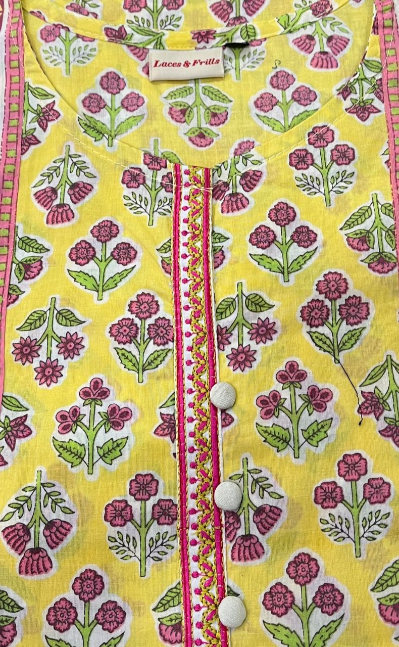 Yellow Floral Jaipuri Cotton Kurti. Pure Versatile Cotton. | Laces and Frills - Laces and Frills