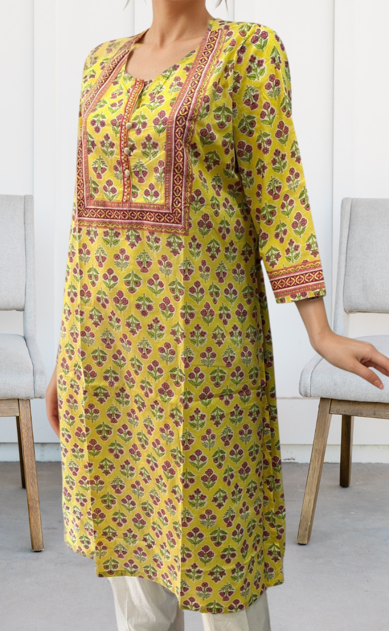 Yellow Floral Jaipuri Cotton Kurti. Pure Versatile Cotton. | Laces and Frills - Laces and Frills