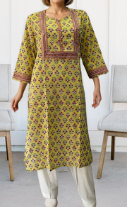 Yellow Floral Jaipuri Cotton Kurti. Pure Versatile Cotton. | Laces and Frills - Laces and Frills
