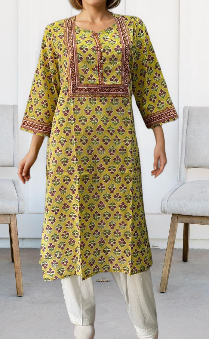 Yellow Floral Jaipuri Cotton Kurti. Pure Versatile Cotton. | Laces and Frills - Laces and Frills