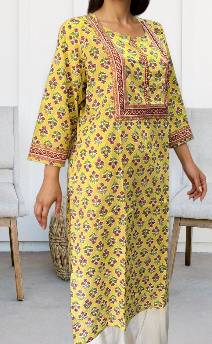 Yellow Floral Jaipuri Cotton Kurti. Pure Versatile Cotton. | Laces and Frills - Laces and Frills