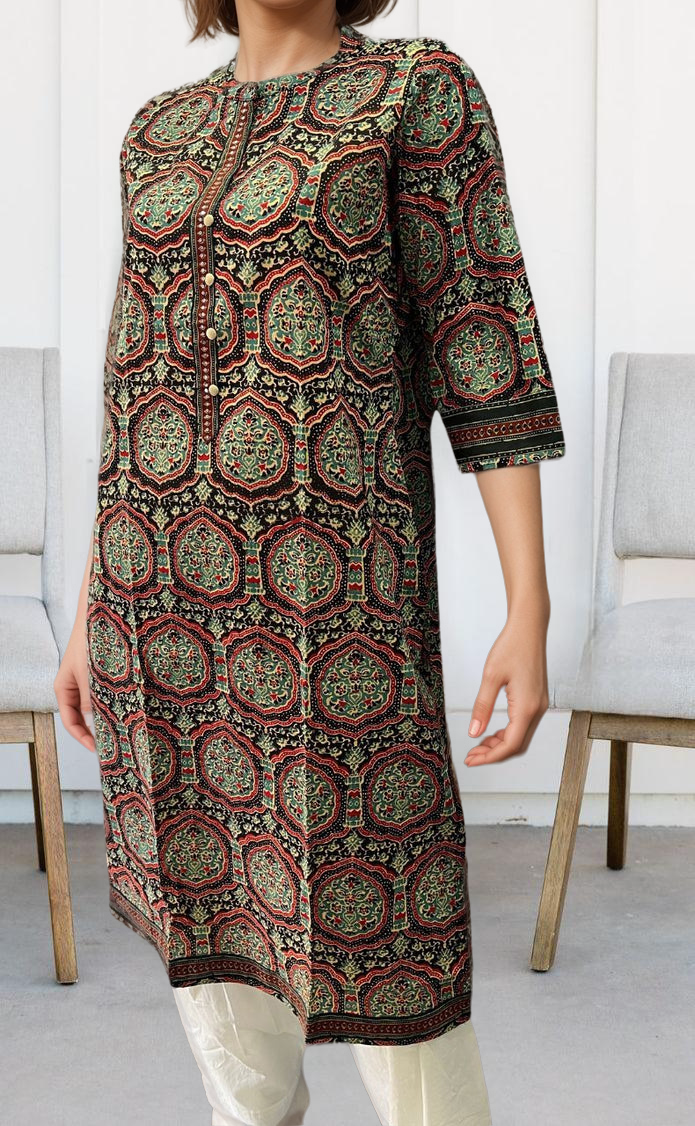 Black/Red Garden Jaipuri Cotton Kurti. Pure Versatile Cotton. | Laces and Frills - Laces and Frills