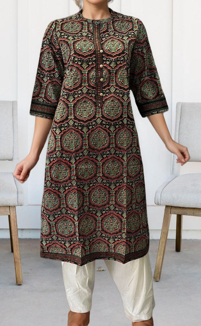 Black/Red Garden Jaipuri Cotton Kurti. Pure Versatile Cotton. | Laces and Frills - Laces and Frills