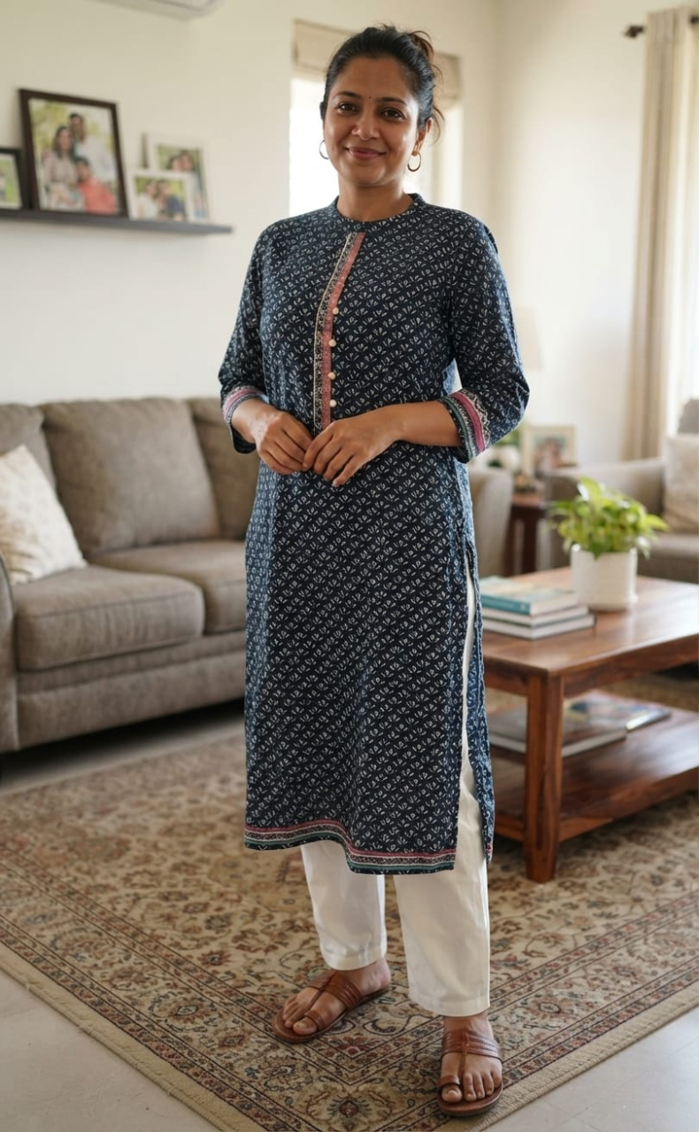 Navy Blue Flora Jaipuri Cotton Kurti. Pure Versatile Cotton. | Laces and Frills
