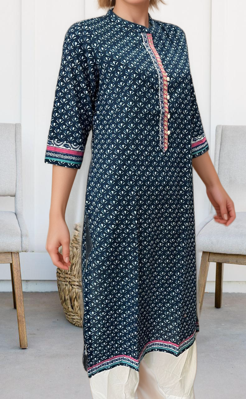 Navy Blue Flora Jaipuri Cotton Kurti. Pure Versatile Cotton. | Laces and Frills - Laces and Frills