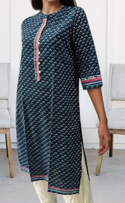 Navy Blue Flora Jaipuri Cotton Kurti. Pure Versatile Cotton. | Laces and Frills - Laces and Frills