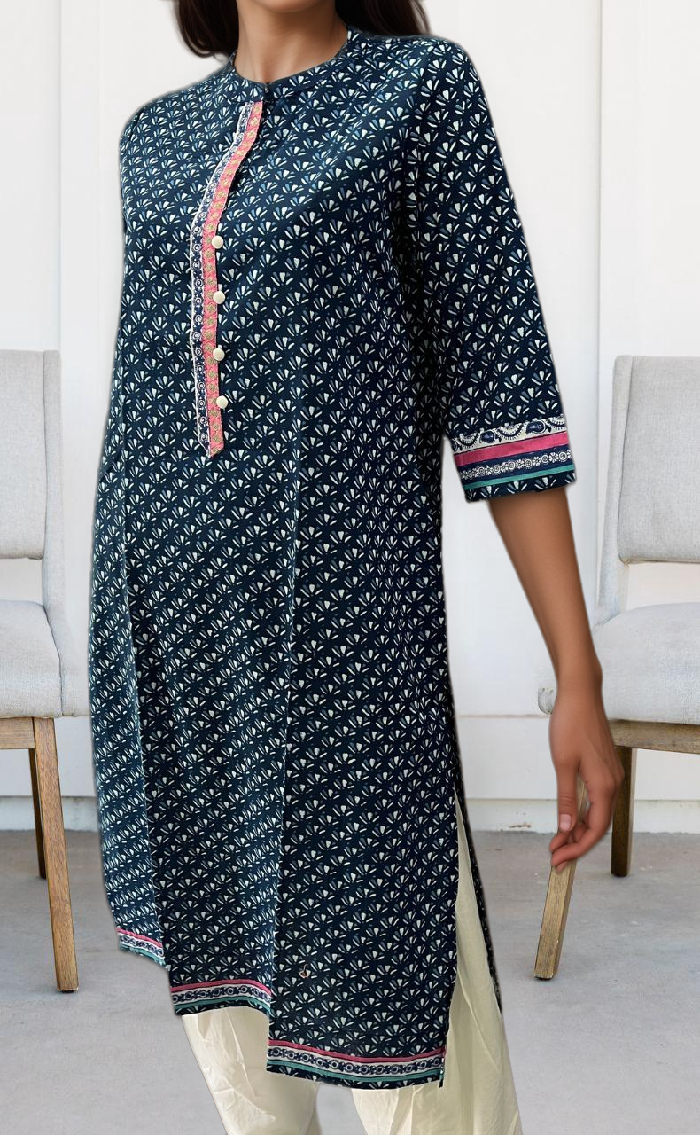 Navy Blue Flora Jaipuri Cotton Kurti. Pure Versatile Cotton. | Laces and Frills - Laces and Frills