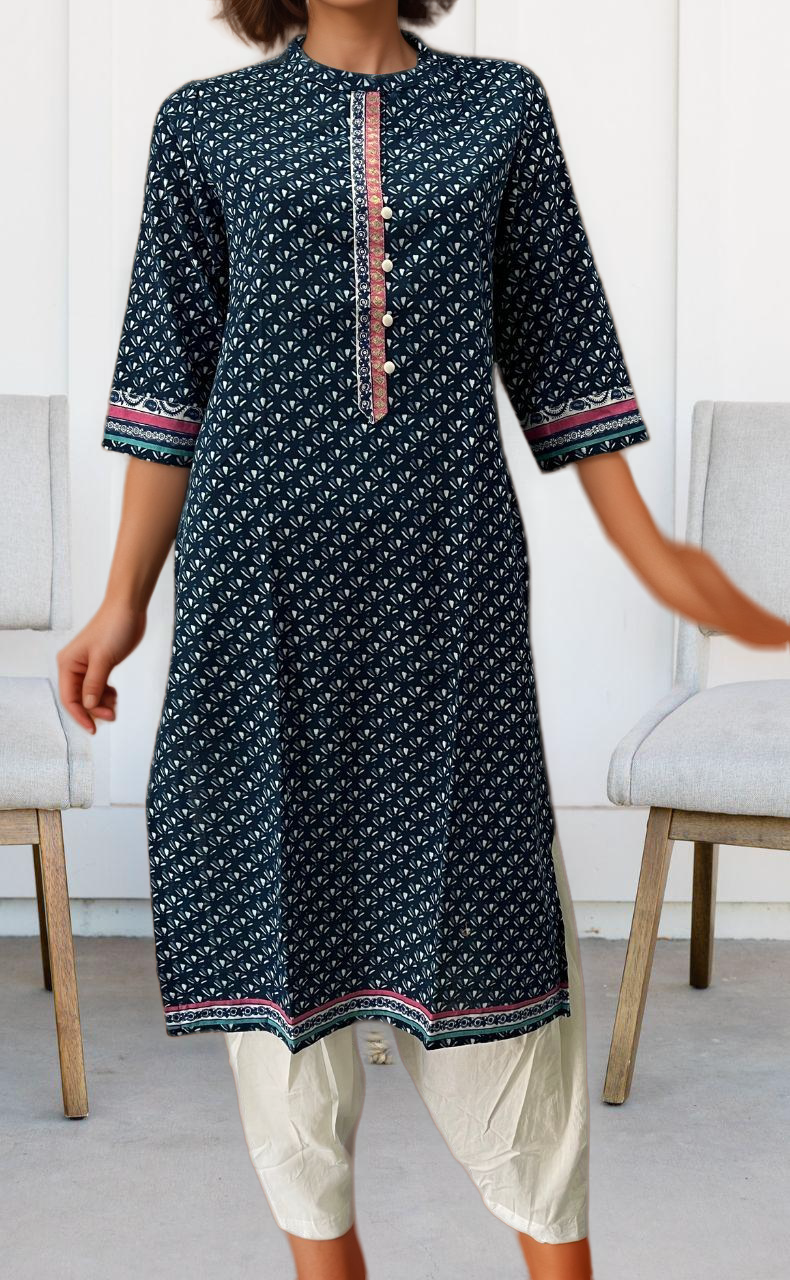 Navy Blue Flora Jaipuri Cotton Kurti. Pure Versatile Cotton. | Laces and Frills - Laces and Frills