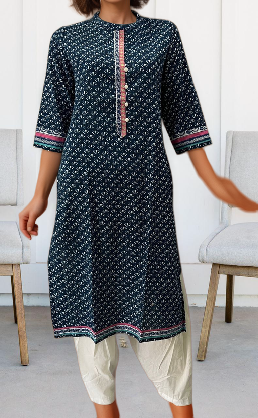 Navy Blue Flora Jaipuri Cotton Kurti. Pure Versatile Cotton. | Laces and Frills - Laces and Frills