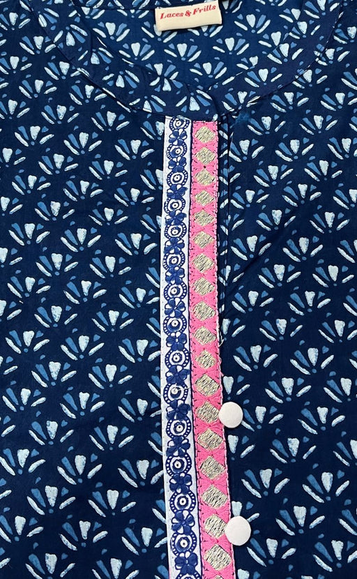 Navy Blue Flora Jaipuri Cotton Kurti. Pure Versatile Cotton. | Laces and Frills - Laces and Frills