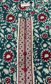 Teal Green/Maroon Batik Jaipuri Cotton Kurti. Pure Versatile Cotton. | Laces and Frills - Laces and Frills