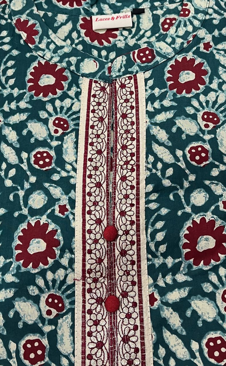 Teal Green/Maroon Batik Jaipuri Cotton Kurti. Pure Versatile Cotton. | Laces and Frills - Laces and Frills