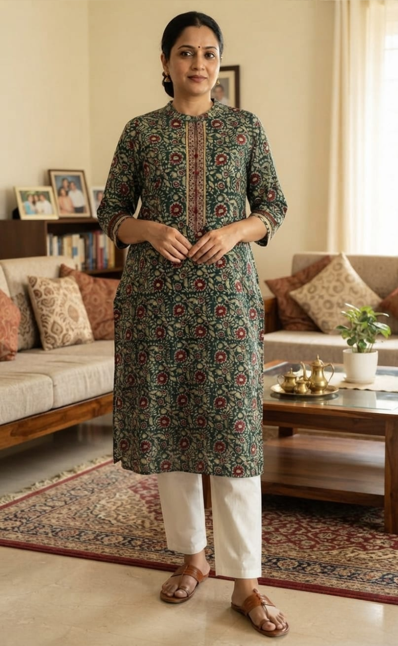 Teal Green/Maroon Batik Jaipuri Cotton Kurti. Pure Versatile Cotton. | Laces and Frills