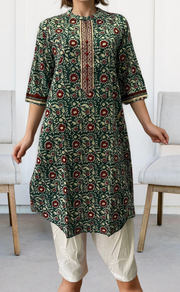 Teal Green/Maroon Batik Jaipuri Cotton Kurti. Pure Versatile Cotton. | Laces and Frills - Laces and Frills