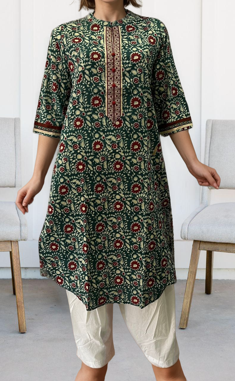 Teal Green/Maroon Batik Jaipuri Cotton Kurti. Pure Versatile Cotton. | Laces and Frills - Laces and Frills