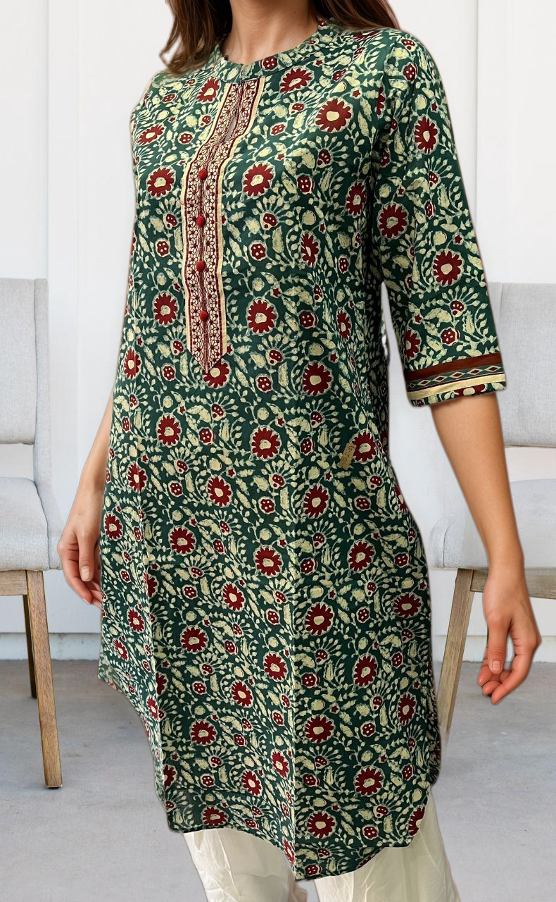 Teal Green/Maroon Batik Jaipuri Cotton Kurti. Pure Versatile Cotton. | Laces and Frills - Laces and Frills