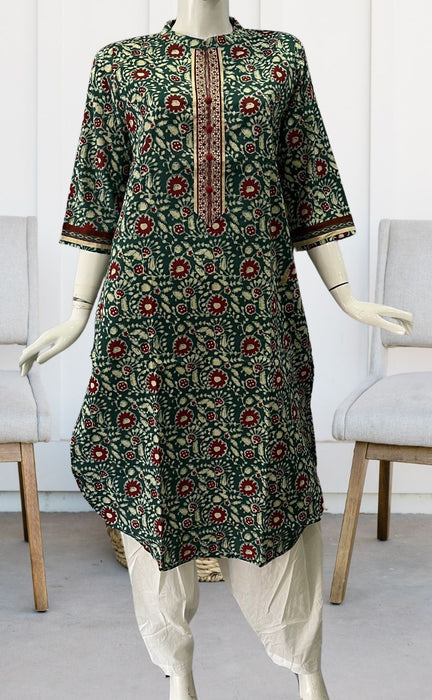 Teal Green/Maroon Batik Jaipuri Cotton Kurti. Pure Versatile Cotton. | Laces and Frills