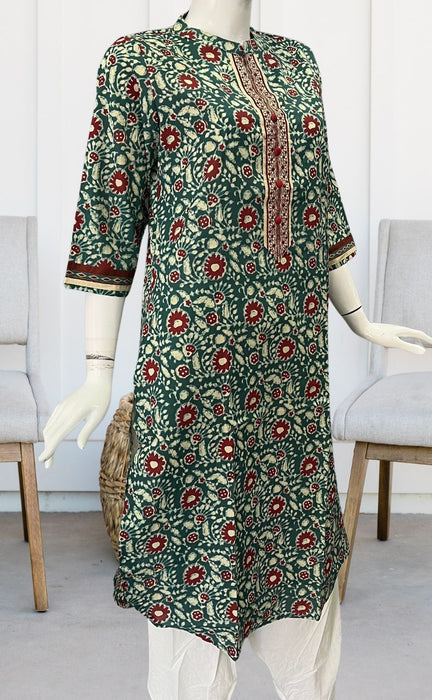 Teal Green/Maroon Batik Jaipuri Cotton Kurti. Pure Versatile Cotton. | Laces and Frills - Laces and Frills