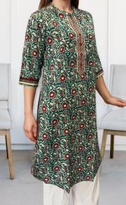 Teal Green/Maroon Batik Jaipuri Cotton Kurti. Pure Versatile Cotton. | Laces and Frills - Laces and Frills