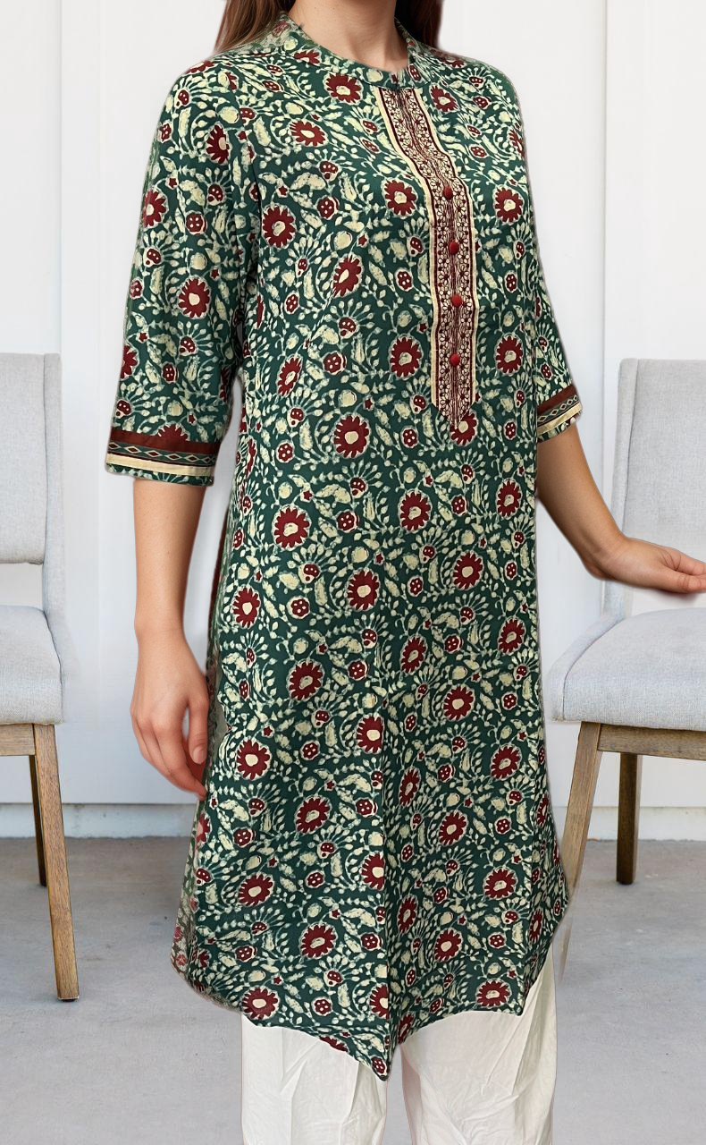 Teal Green/Maroon Batik Jaipuri Cotton Kurti. Pure Versatile Cotton. | Laces and Frills - Laces and Frills