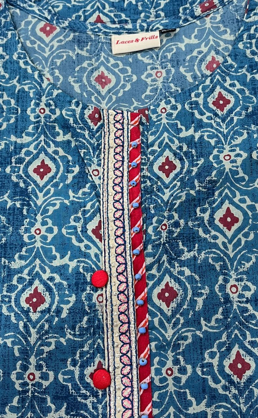 Indigo Blue Floral Jaipuri Cotton Kurti. Pure Versatile Cotton. | Laces and Frills - Laces and Frills