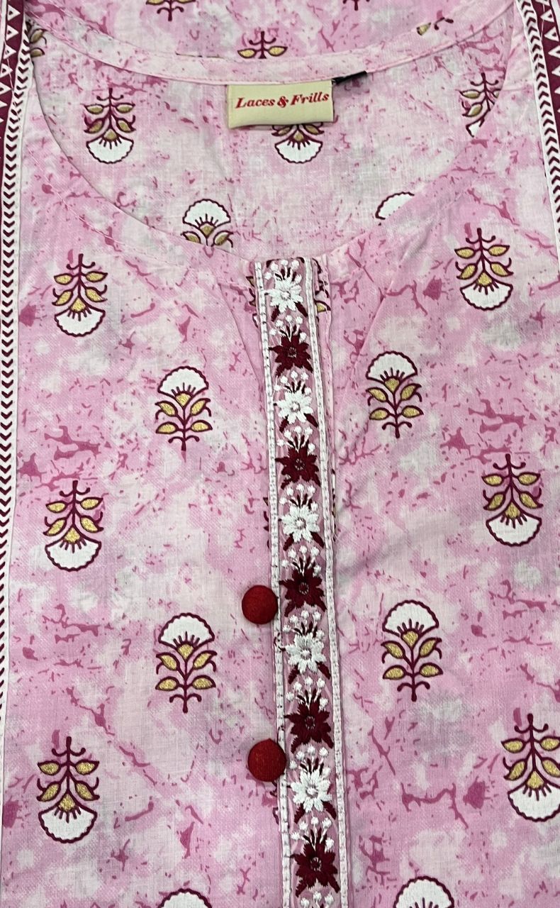 Baby Pink Flora Jaipuri Cotton Kurti. Pure Versatile Cotton. | Laces and Frills - Laces and Frills