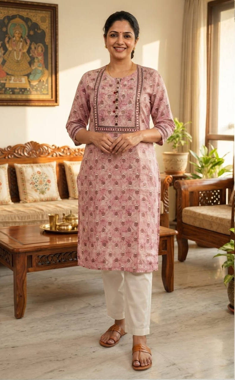 Baby Pink Flora Jaipuri Cotton Kurti. Pure Versatile Cotton. | Laces and Frills
