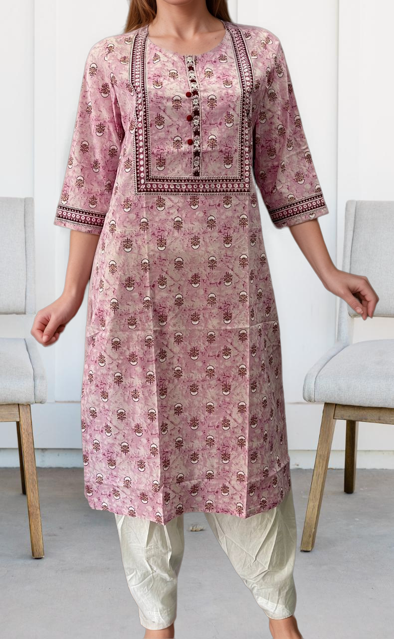 Baby Pink Flora Jaipuri Cotton Kurti. Pure Versatile Cotton. | Laces and Frills - Laces and Frills