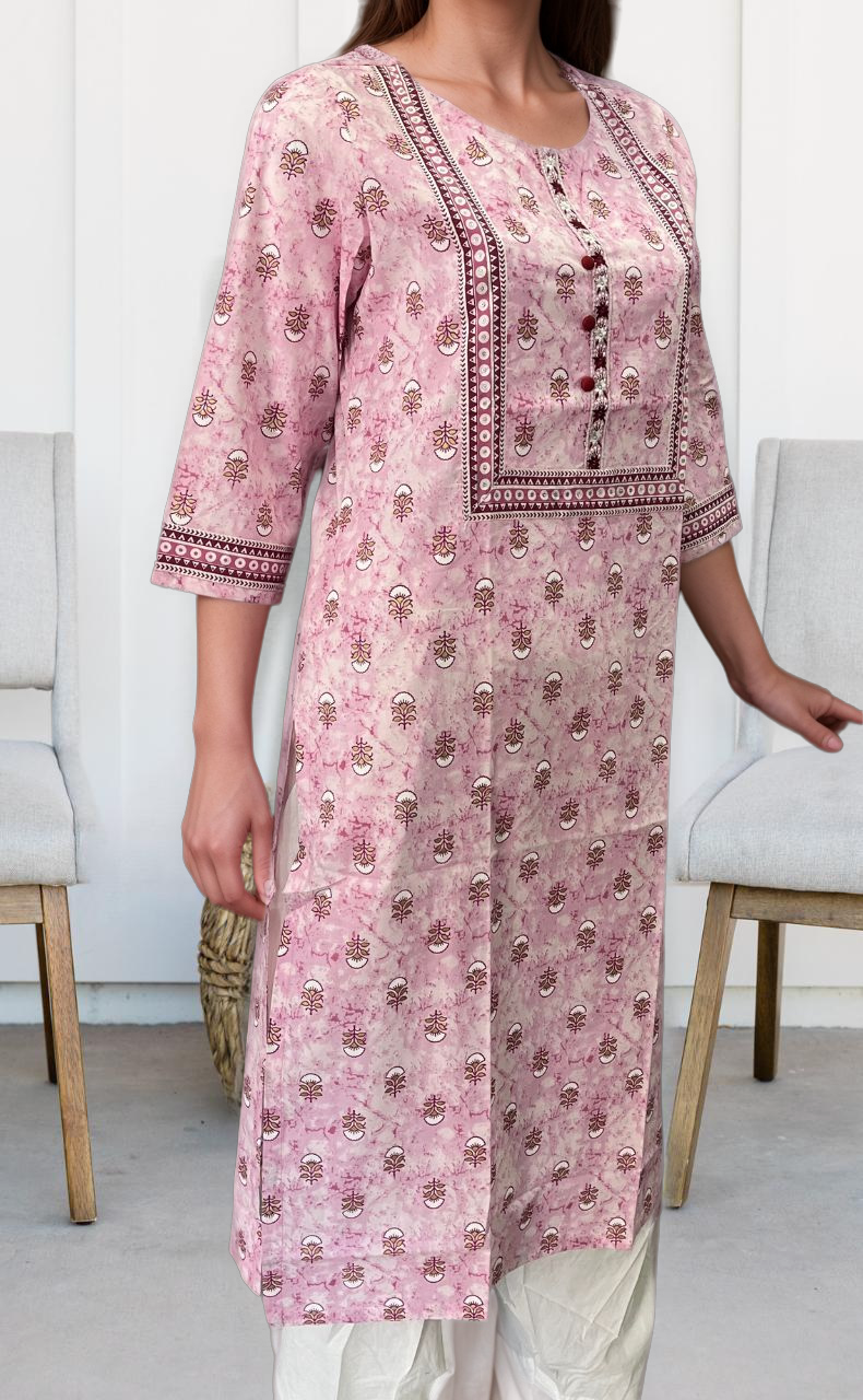 Baby Pink Flora Jaipuri Cotton Kurti. Pure Versatile Cotton. | Laces and Frills - Laces and Frills
