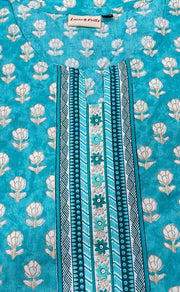 Sky Blue Floral Jaipuri Cotton Kurti. Pure Versatile Cotton. | Laces and Frills - Laces and Frills