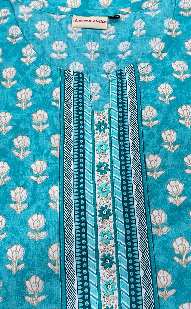 Sky Blue Floral Jaipuri Cotton Kurti. Pure Versatile Cotton. | Laces and Frills - Laces and Frills