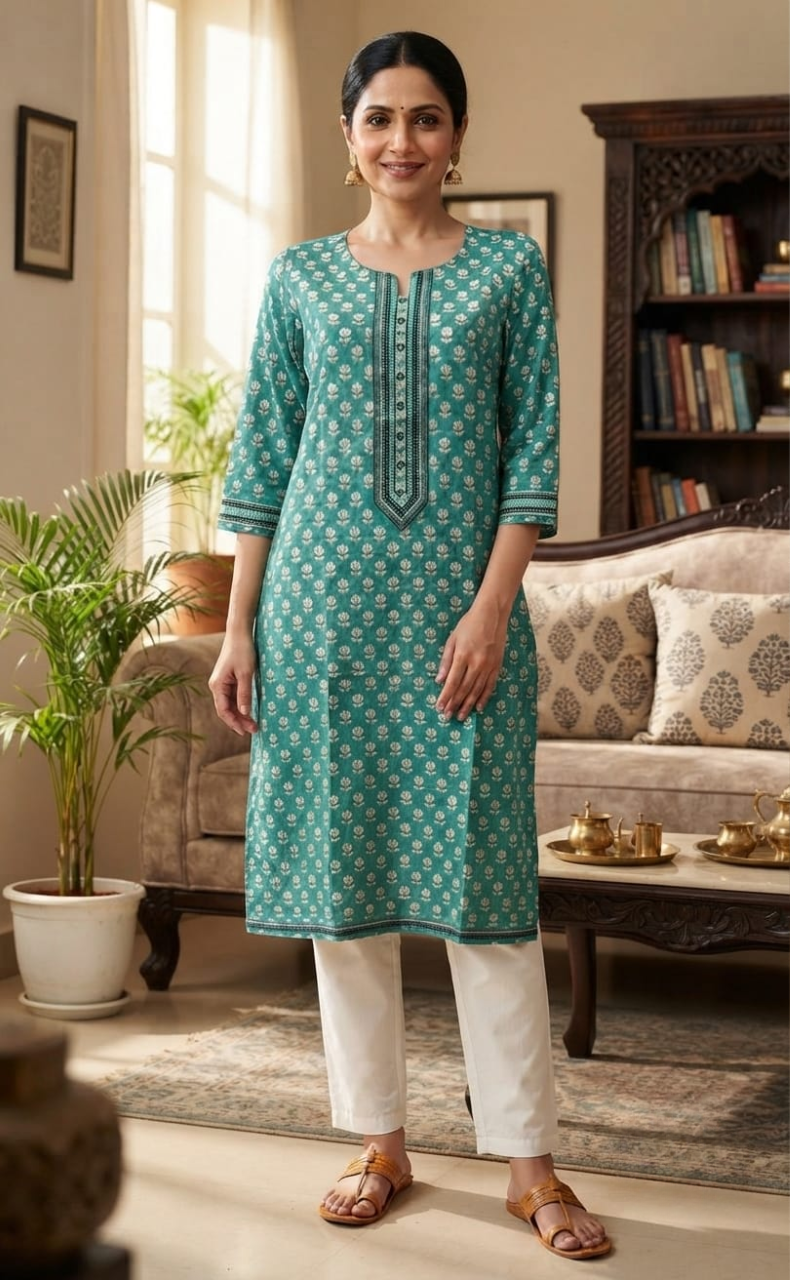 Sky Blue Floral Jaipuri Cotton Kurti. Pure Versatile Cotton. | Laces and Frills