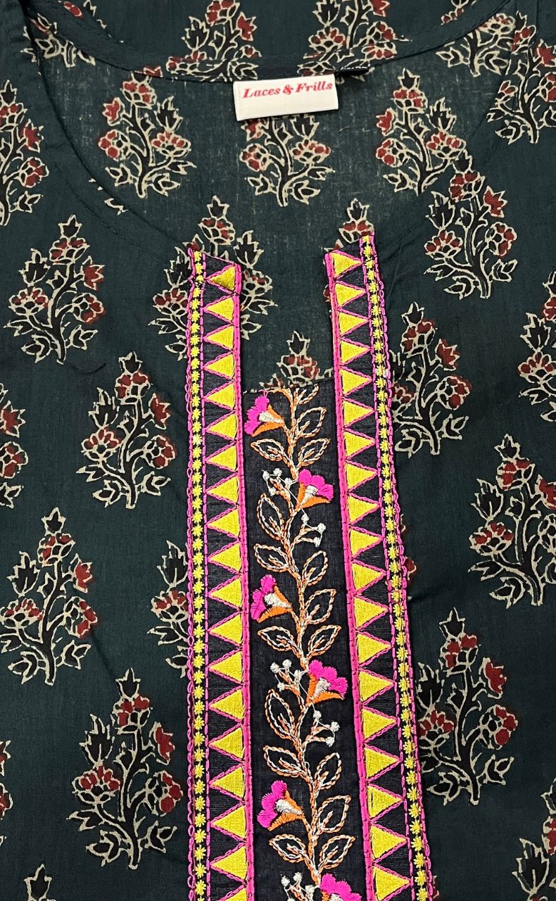 Bottle Green Garden Jaipuri Cotton Kurti. Pure Versatile Cotton. | Laces and Frills - Laces and Frills