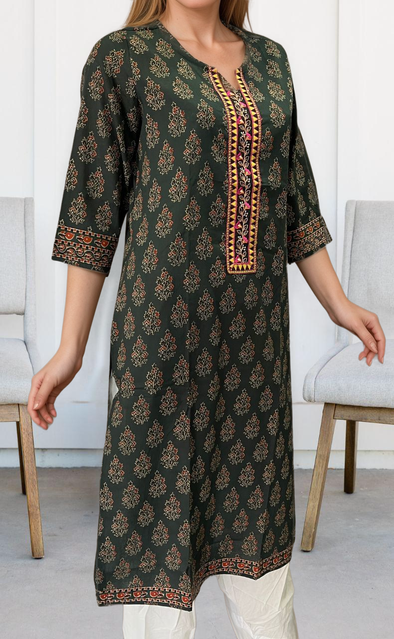 Bottle Green Garden Jaipuri Cotton Kurti. Pure Versatile Cotton. | Laces and Frills - Laces and Frills