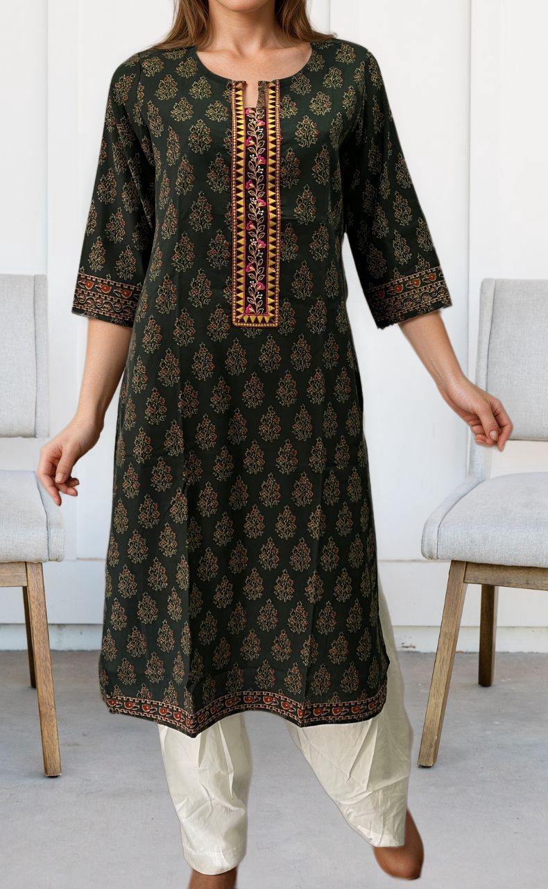 Bottle Green Garden Jaipuri Cotton Kurti. Pure Versatile Cotton. | Laces and Frills - Laces and Frills
