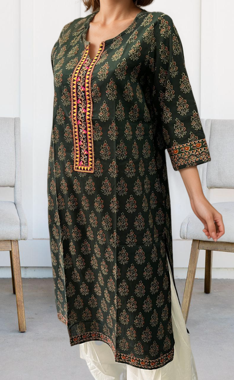 Bottle Green Garden Jaipuri Cotton Kurti. Pure Versatile Cotton. | Laces and Frills - Laces and Frills