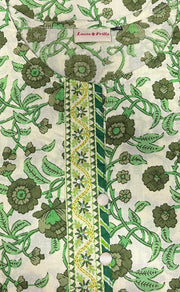 Off White/Green Garden Jaipuri Cotton Kurti. Pure Versatile Cotton. | Laces and Frills - Laces and Frills
