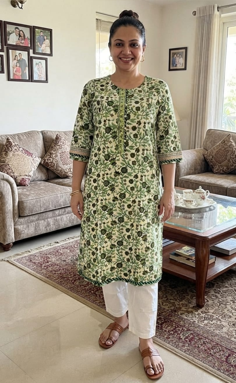 Off White/Green Garden Jaipuri Cotton Kurti. Pure Versatile Cotton. | Laces and Frills