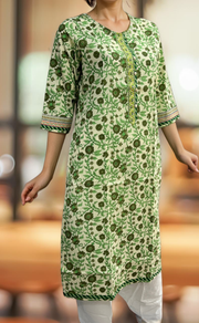 Off White/Green Garden Jaipuri Cotton Kurti. Pure Versatile Cotton. | Laces and Frills - Laces and Frills