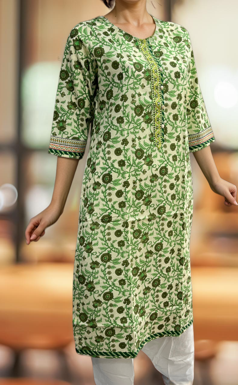 Off White/Green Garden Jaipuri Cotton Kurti. Pure Versatile Cotton. | Laces and Frills - Laces and Frills